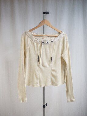 Free People Movement Cream Ribbed Button Neck Pullover